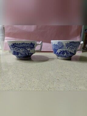 Spode Blue and White Scenic Porcelain Teacups - Set of 2 teacups